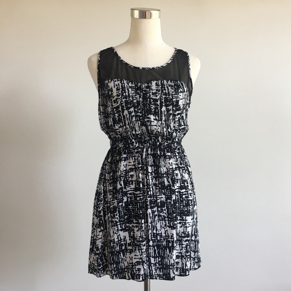 Black & White Print Mesh Sleeveless Mini Dress